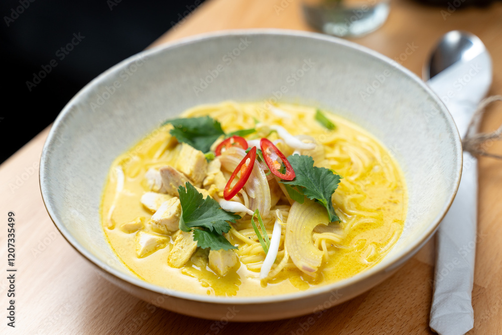thai asian style chicken curry coconut sauce vegetable dish bistro restaurant bowl wooden table