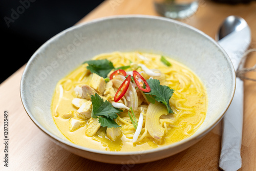 Obraz na płótnie thai asian style chicken curry coconut sauce vegetable dish bistro restaurant bowl wooden table w salonie
