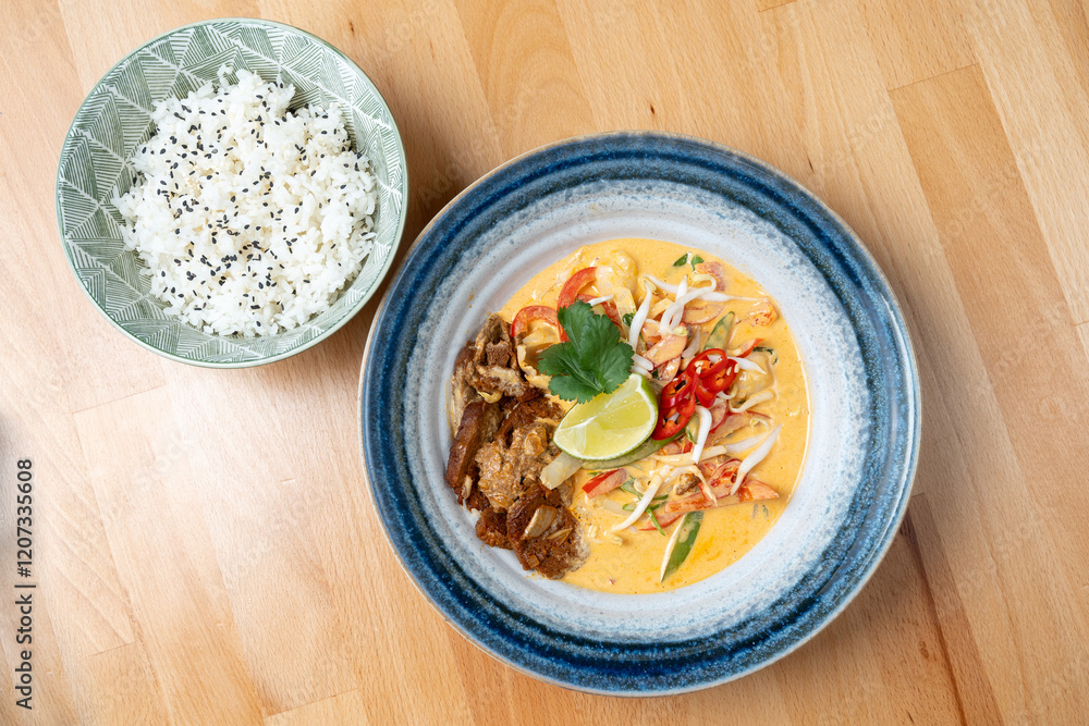 asian style lunch dish of protein tempeh chicken vegetable sauce rice side dish fresh lime garnish