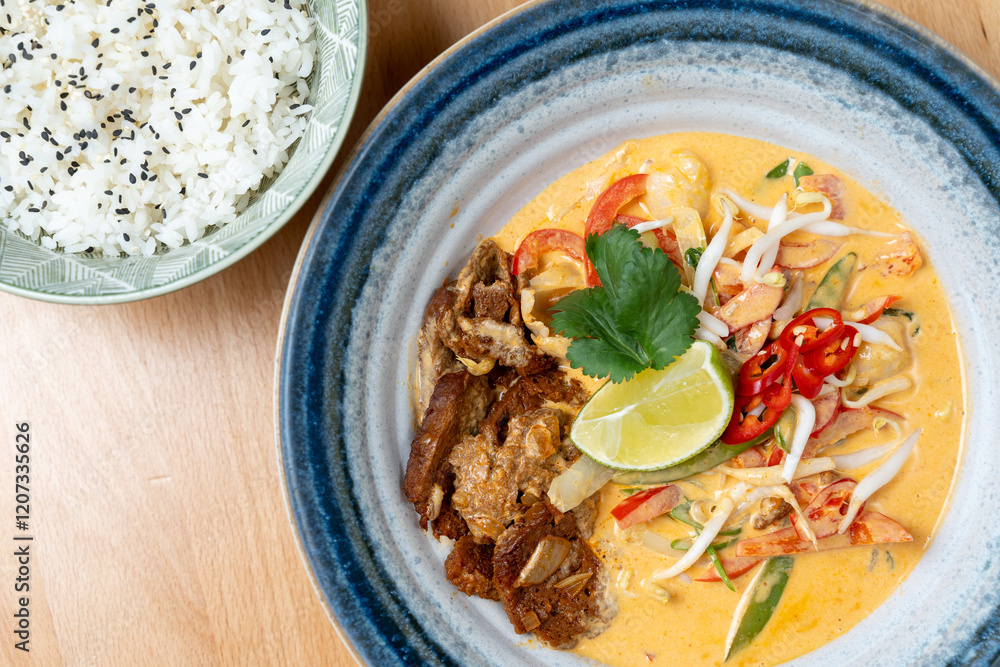 asian style lunch dish of protein tempeh chicken vegetable sauce rice side dish fresh lime garnish