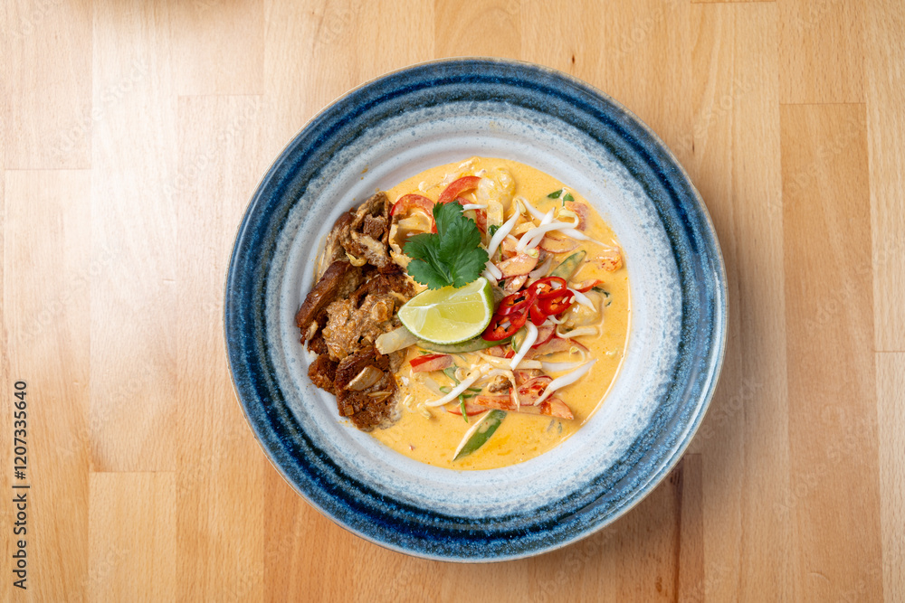 asian style lunch dish of protein tempeh chicken vegetable sauce rice side dish fresh lime garnish