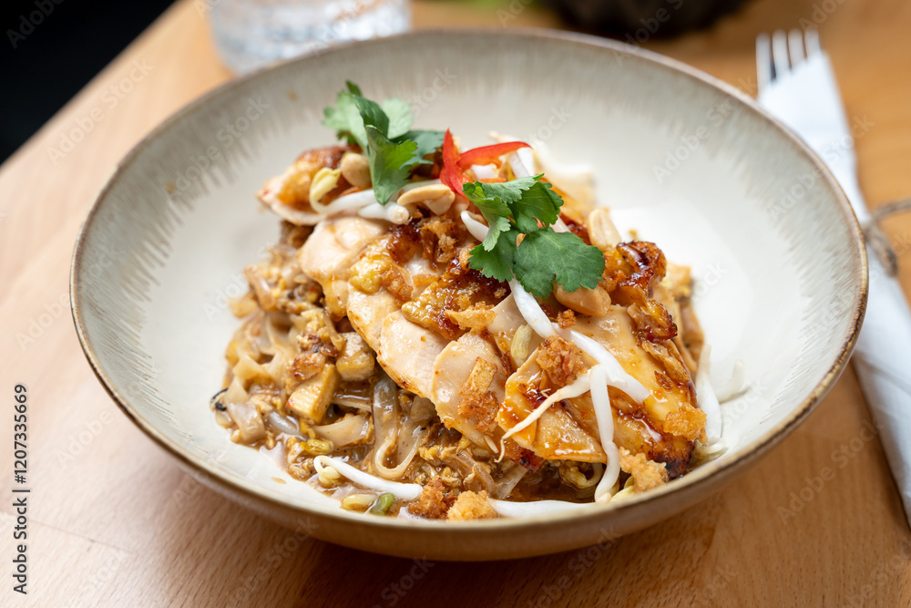 stir fried chicken fillet breast protein noodles vegetable fresh light dish restaurant bistro bowl plate stir fried chicken fillet breast protein noodles vegetable fresh light dish restaurant bistro bowl plate