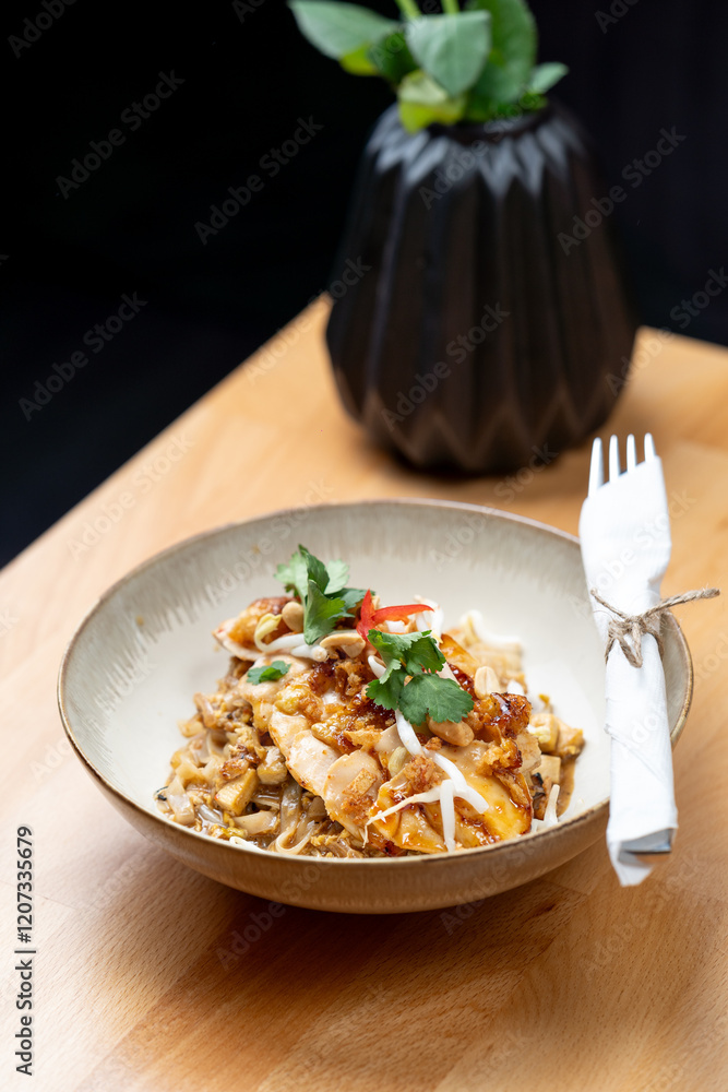 stir fried chicken fillet breast protein noodles vegetable fresh light dish restaurant bistro bowl plate
