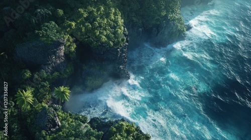 Wallpaper Mural Aerial View of a Lush Green Cliffside Meeting Turquoise Ocean Waters with Foaming Waves Torontodigital.ca