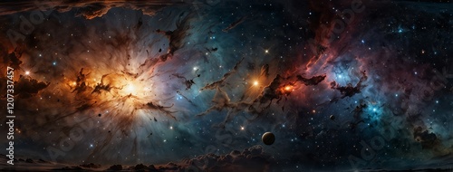 A mesmerizing HDRI spherical panorama of a space scene, showcasing the beauty of a nebula and stars in a detailed 360-degree equirectangular environment map