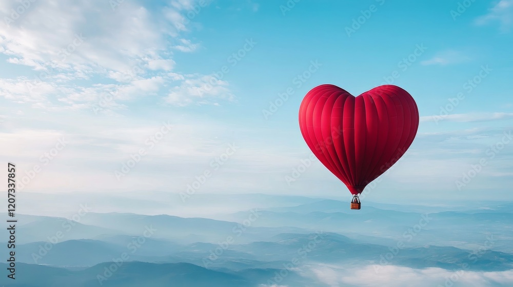 Fototapeta premium Heart-Shaped Hot Air Balloon Ascending into the Blue Sky Over Serene Mountains, Symbolizing Love, Adventure, and Freedom in a Dreamy Landscape