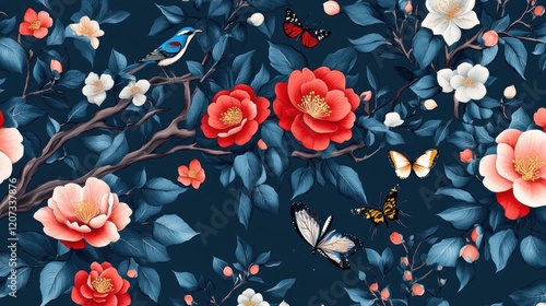 Wallpaper Mural Dark floral seamless pattern birds, butterflies, blossoms Torontodigital.ca