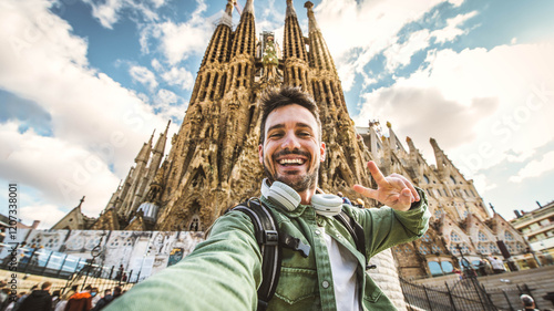 Happy tourist visiting La Sagrada Familia, Barcelona Spain - Smiling man taking a selfie outside on city street - Tourism and vacations concept