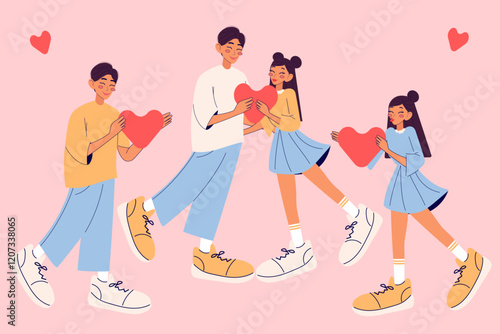 Valentine`s day. Set with cute couple who holding hearts. Love concept. Modern isolated vector illustration.