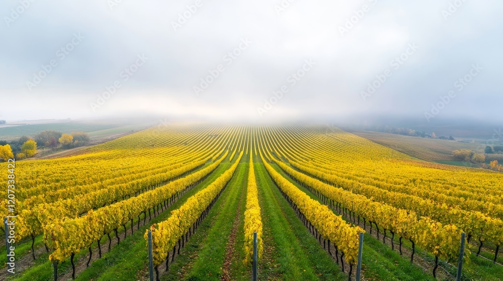 Breathtaking Autumn Vineyard Landscape with Rows of Golden Grapevines Under Misty Skies Creating a Serene and Picturesque Atmosphere in Nature Breathtaking Autumn Vineyard Landscape with Rows of Golden Grapevines Under Misty Skies Creating a Serene and Picturesque Atmosphere in Nature