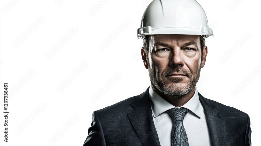 A portrait of a businessman in formal attire, paired with a white hard hat, his poised demeanor emphasizing authority and expertise, set on a clean white background. A portrait of a businessman in formal attire, paired with a white hard hat, his poised demeanor emphasizing authority and expertise, set on a clean white background.