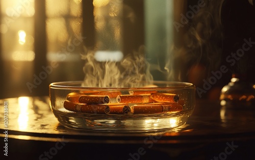 Smoked cigarettes in a glass ashtray on a table. photo