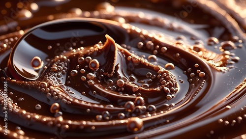 Luxurious Hot Chocolate Swirls with Glossy Texture and Golden Bubbles