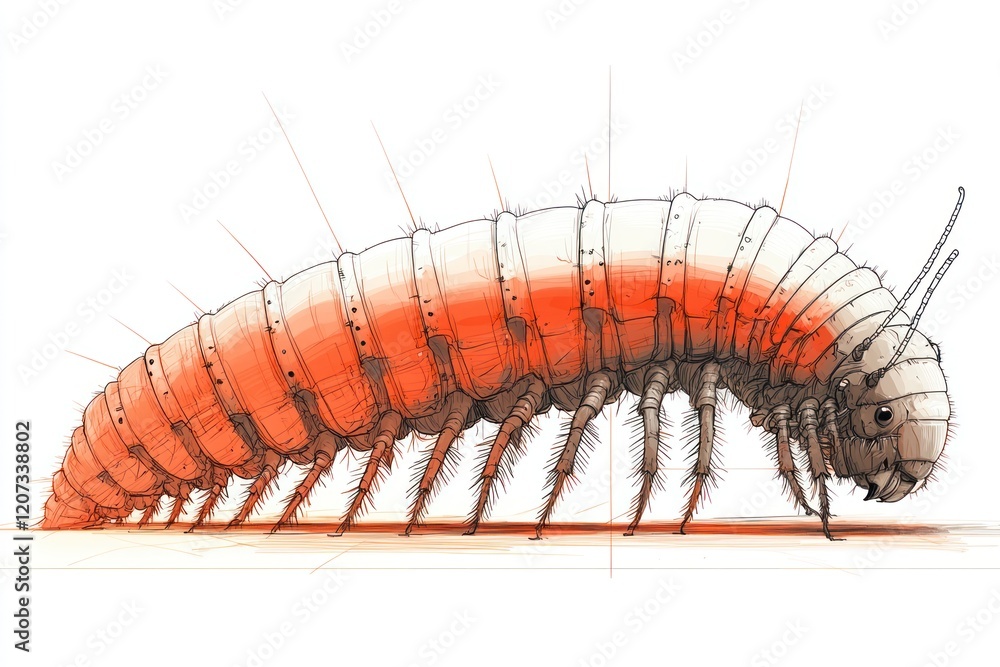 Fototapeta premium Segmented robotic insect crawls, orange and white.
