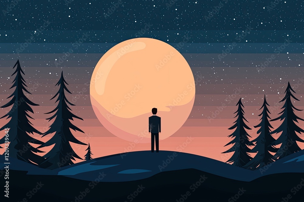 Naklejka premium A solitary figure stands on a hill, gazing at a large moon surrounded by starry skies and silhouetted pine trees.