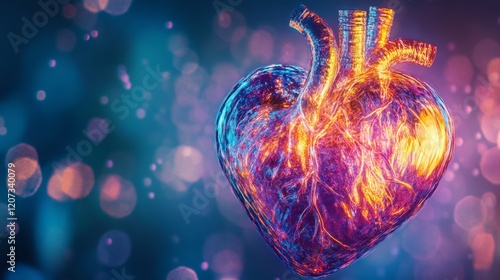 Luminous heart captured in experimental photography amidst a vibrant backdrop of colors