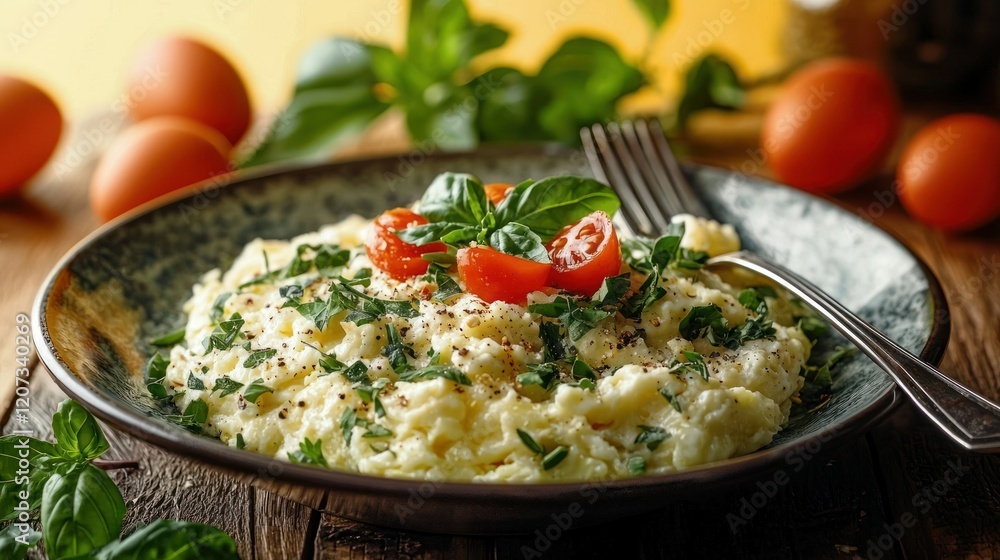 Scrumptious Creamy Scrambled Eggs with Burst Cherry Tomatoes and Fresh Basil Scrumptious Creamy Scrambled Eggs with Burst Cherry Tomatoes and Fresh Basil