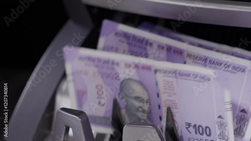 Close  shot of Indian one  hundred rupee notes coming out of the counting machine.