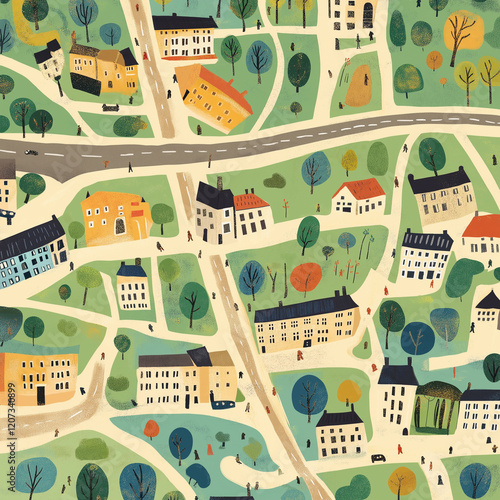 Kids Town Map Illustration in Retro Style