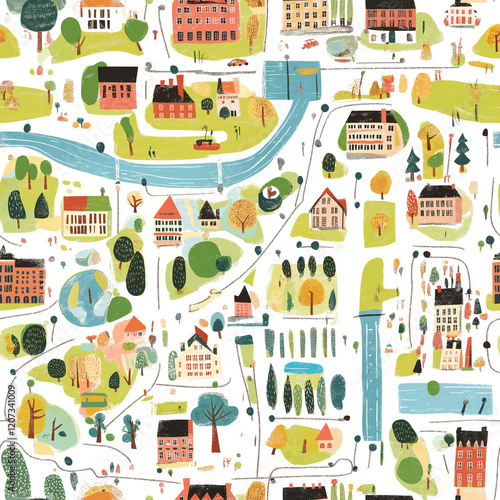 Map Illustration Seamless Pattern in Retro Style