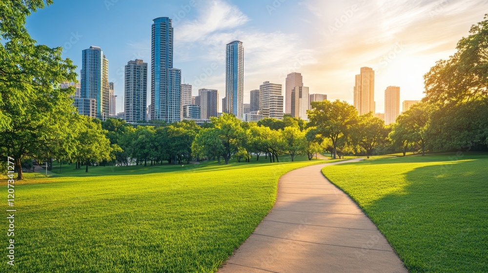 Obraz premium City skyline, summer urban view background with skyscrapers, green lawn and pathway. Summertime cityscape. downtown with architecture with residential buildings panorama, Cartoon vector illustration