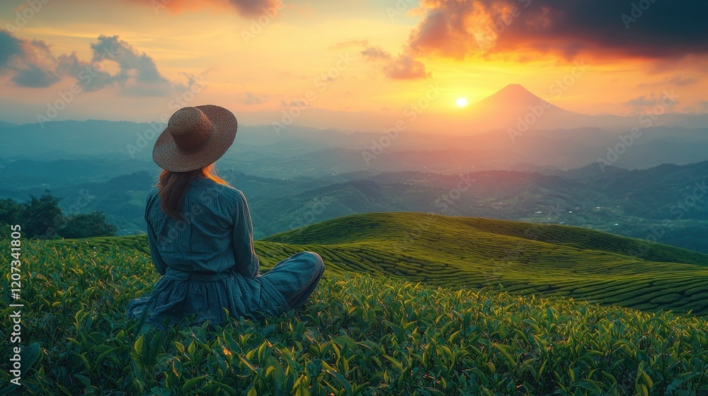 Fototapeta premium Serene Sunset Over Tea Plantation with Woman in Hat