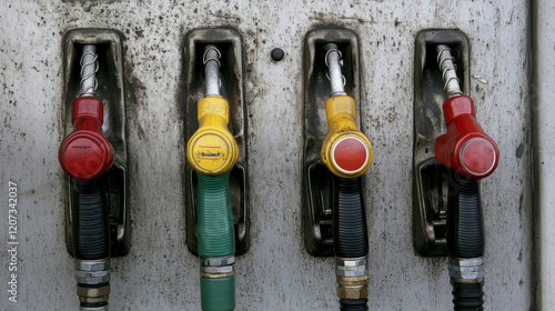 Various fuel nozzles displayed at a filling station for different types of vehicles and engines photo