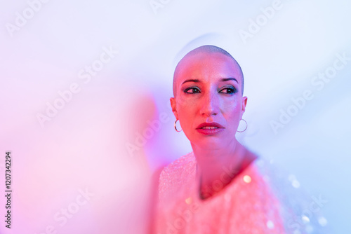 Woman with shaved head and bold expression through vibrant light photo