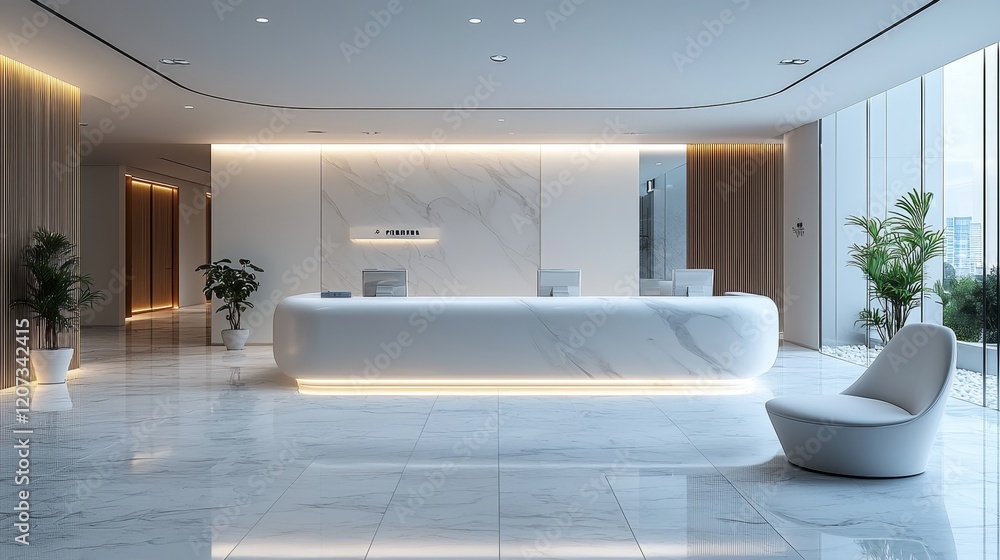 Modern and elegant reception area featuring sleek design elements, polished marble flooring, and ambient lighting Modern and elegant reception area featuring sleek design elements, polished marble flooring, and ambient lighting