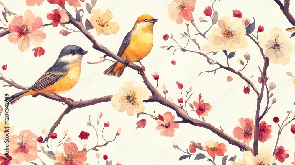 Fototapeta premium Watercolor birds on blossoming branch, floral pattern, spring design
