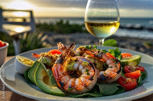 Enjoying a gourmet seafood platter with grilled shrimp and a glass of white wine at sunset on a beautiful beach photo