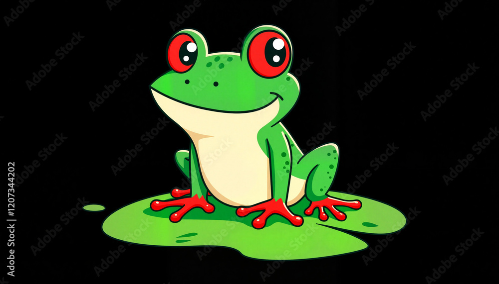 Fototapeta premium Cartoon frog sitting on green slime against black background