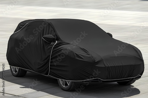  Car fully covered with black protective cover, awning for protection from dust and weather in urban environments . For advertising car covers and accessories. photo