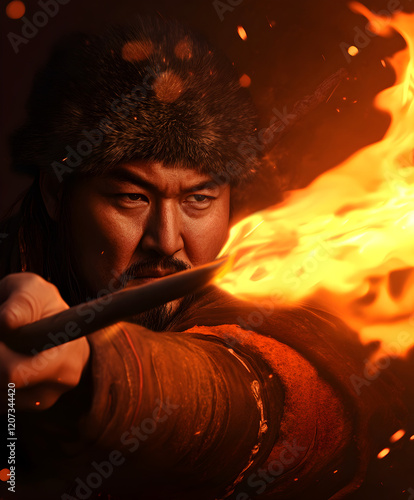 A Mongol warlord holding a flaming arrow, ready to unleash chaos on his enemies. photo