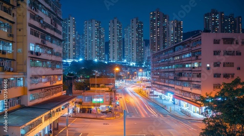 Wallpaper Mural Night city street intersection cartoon vector background. Urban building scene view with crossroad and neon light in store window. Empty asphalt road way and apartment exterior at nighttime in town. Torontodigital.ca