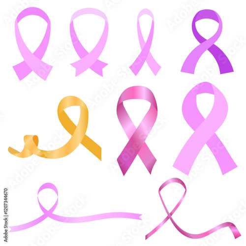 A set of pink ribbons with a focus on breast cancer awareness and support. Cancer Ribbon Set in Pink, Purple and Yellow. World Cancer Day.