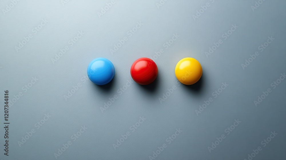 Glossy Spheres in Blue, Red, and Yellow on Light Gray Textured Surface