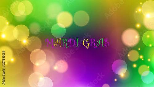 Mardi Gras festive background with bokeh lights. Bright color gradients. Graphic template for Fat Tuesday holiday celebration. Vector illustration.