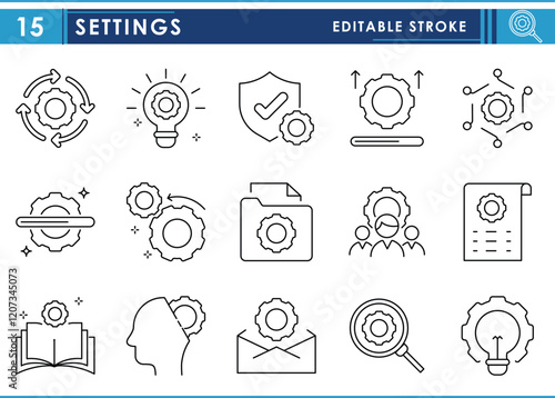 A set of line icons related to Settings. Setup, load, community, technology, gears, documents, book, security, and so on. Vector editable stroke.