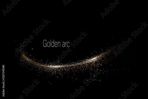 Isolated shiny golden arc with tinsel on black background, design component.