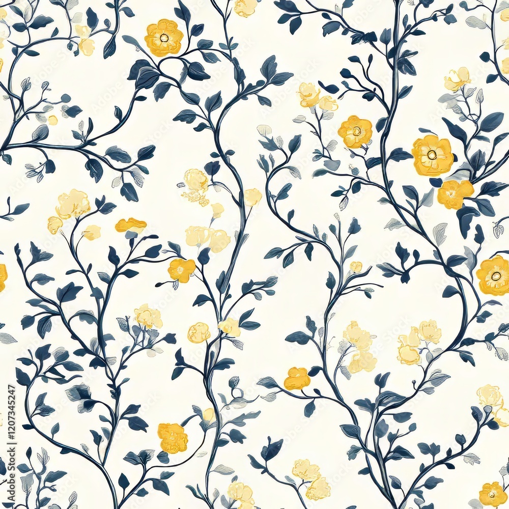 Obraz premium Elegant Floral Pattern With Yellow Blooms And Dark Blue Branches