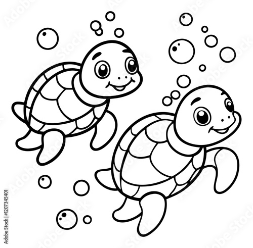 Two adorable baby turtles in a kawaii-style black-and-white illustration, swimming underwater with big, expressive eyes and happy smiles, surrounded by bubbles. Perfect for kids' coloring books and pl