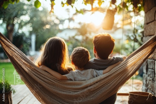 Family enjoys a relaxing evening in a hammock while watching the sunset in their backyard