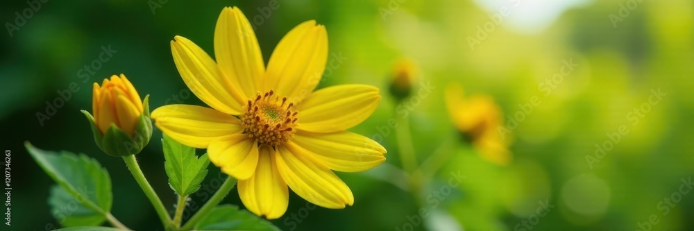 Large yellow flowers on a stem with leafy branches, raceme, flowers Large yellow flowers on a stem with leafy branches, raceme, flowers