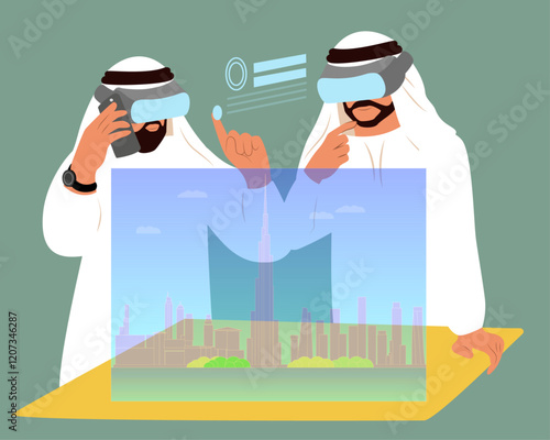 Arab Businessmen Wearing Modern Vr Glasses. Business people in virtual reality glasses planning future building. Virtual Reality Headset Concept. Vector illustration