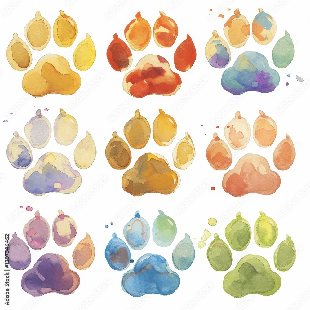 Fototapeta premium Colorful Watercolor Paw Prints Nine Vibrant Animal Tracks for Design