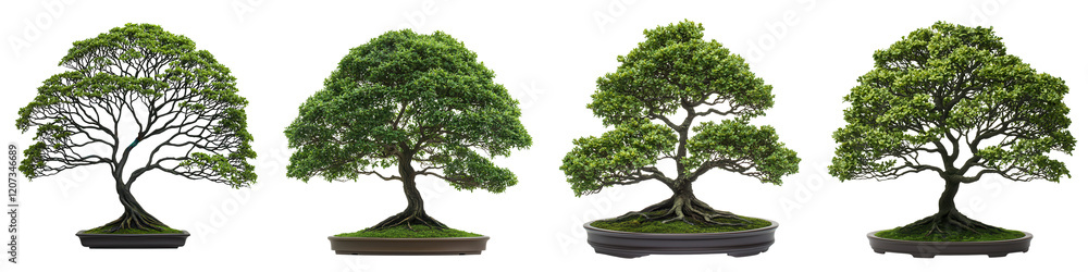 Fototapeta premium Bonsai Trees In Different Shapes And Sizes Displayed On Natural Moss Covered Rocks