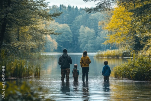 Family enjoys a peaceful fishing trip by the serene lake surrounded by trees photo