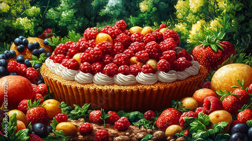 A hyper-realistic digital illustration of fresh and colorful fruits, vegetables, and desserts arranged in a visually pleasing way. The design is vibrant, detailed, and perfect for food packaging, menu