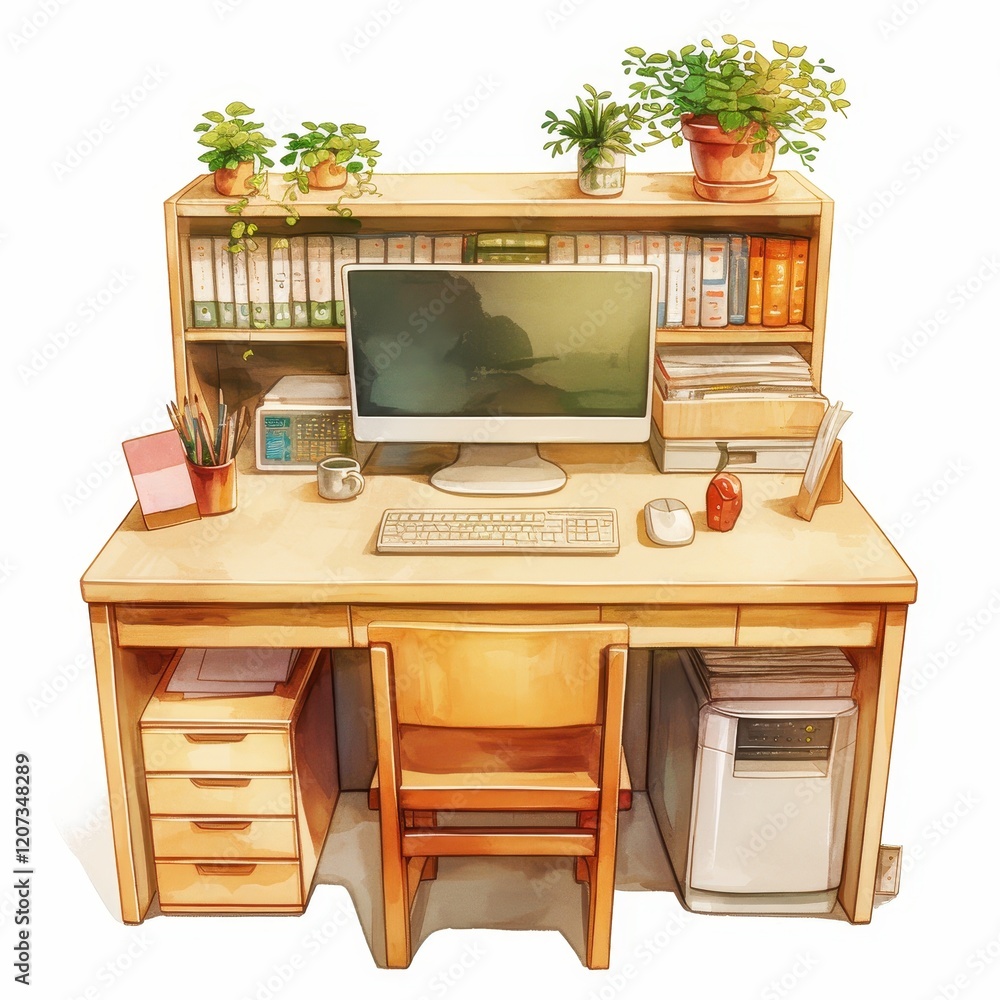 Cozy Home Office Workspace with Computer Bookshelves and Plants